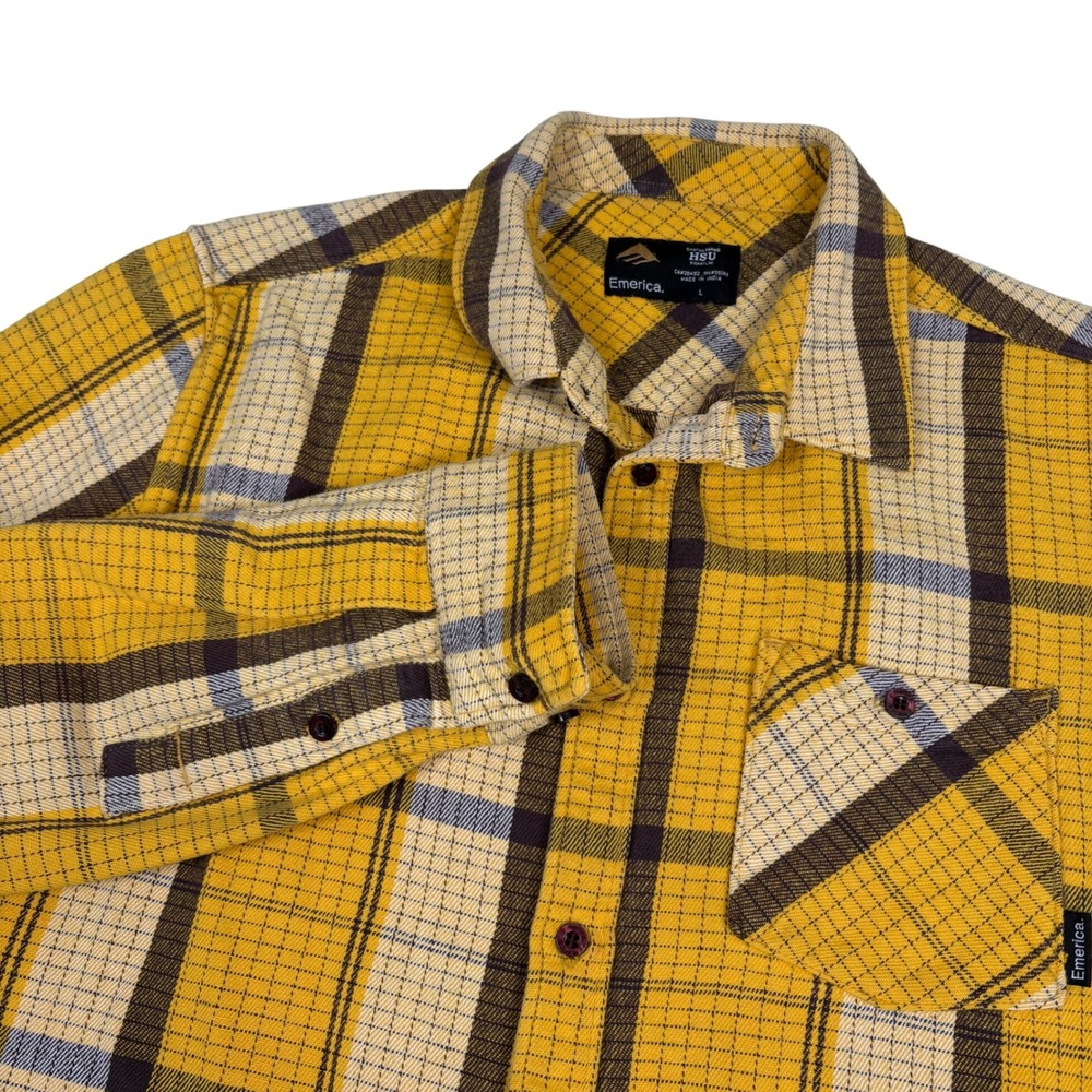 Emerica Mens Large HSU Flannel Shirt Long Sleeve Button Up Yellow Plaid Casual